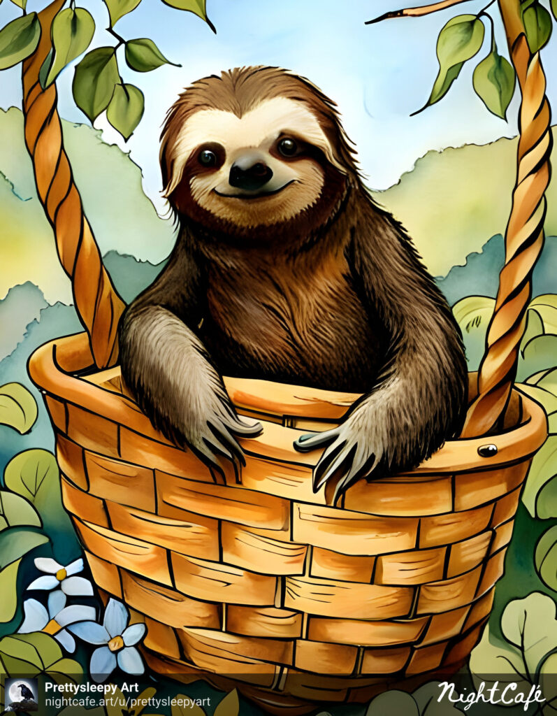a sloth in a baske, nightcafe, prettysleepy art