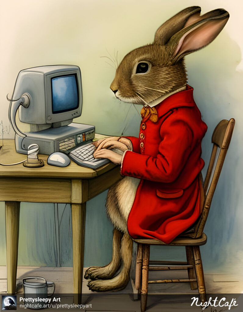 bunny at a computer in picture book style, nightcafe.com, prettysleepy art