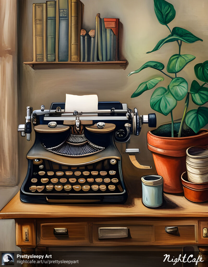 typewriter on a desk with a plant, illustration, nightcafe, prettysleepy art